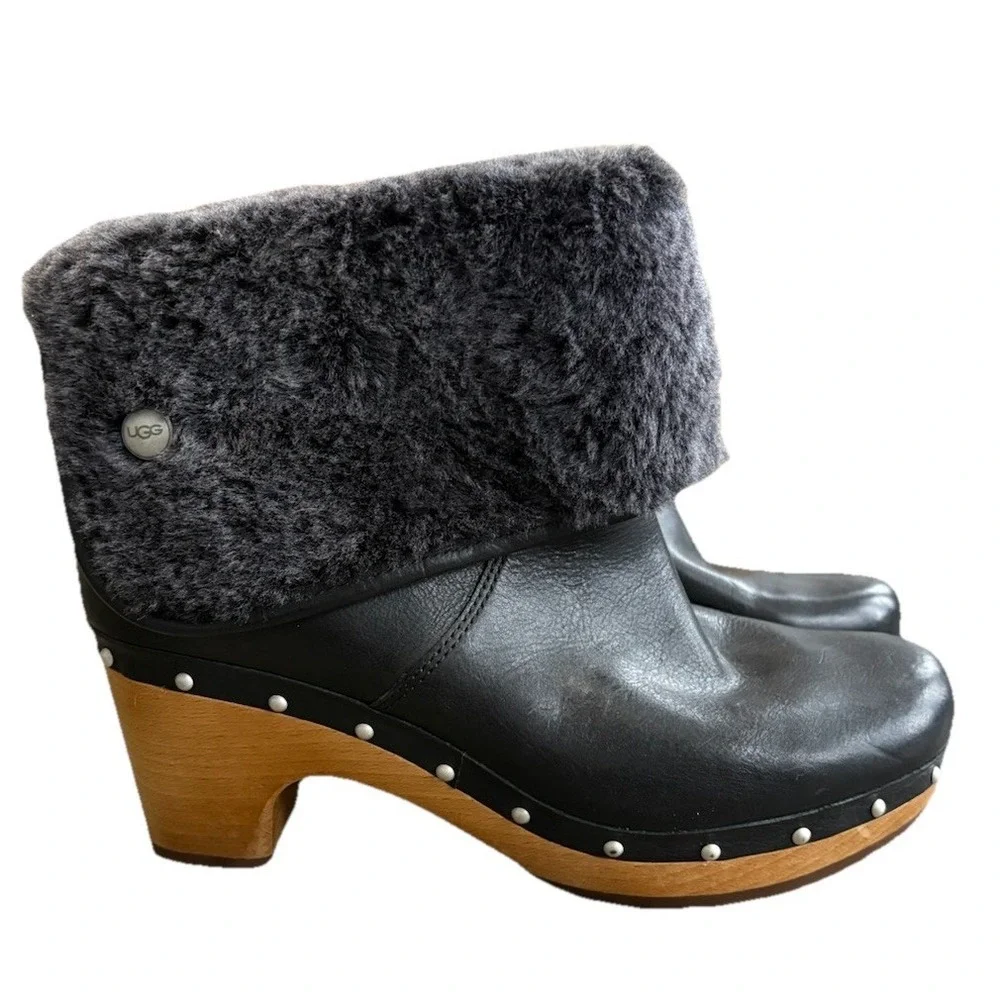 Ugg Australia Lynnea Black Leather Shearling Lined‎ Fold Over Boots Women's 7